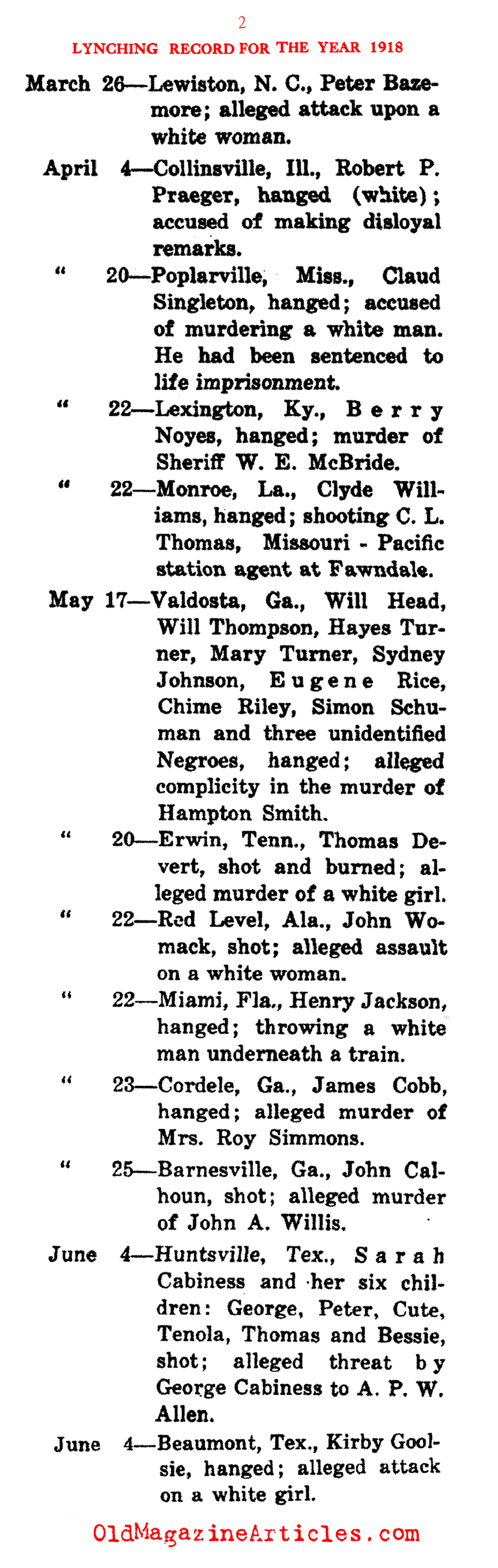 Lynching Record For The Year 1918 (The Crises, 1919)