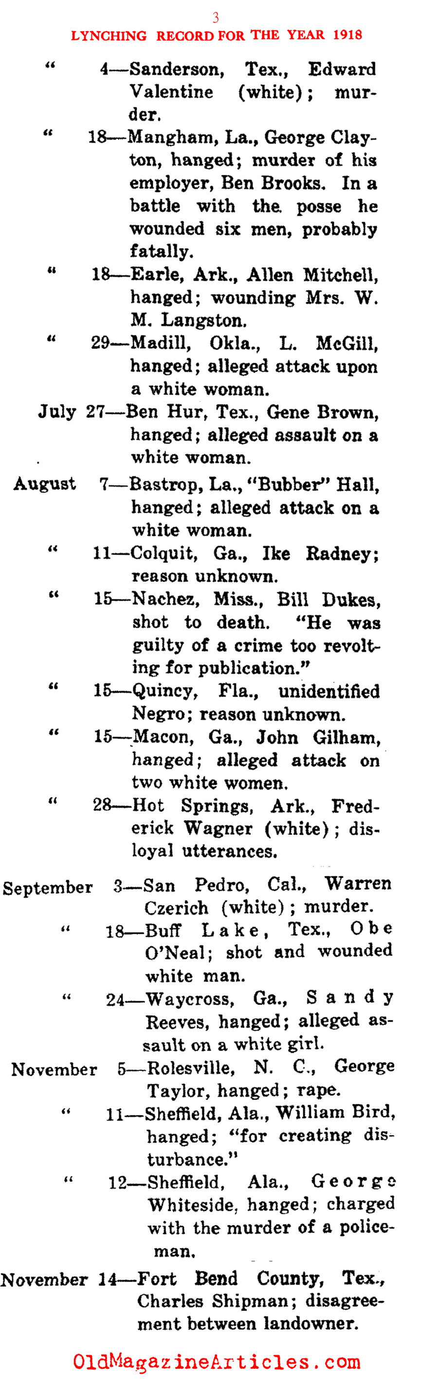 Lynching Record For The Year 1918 (The Crises, 1919)