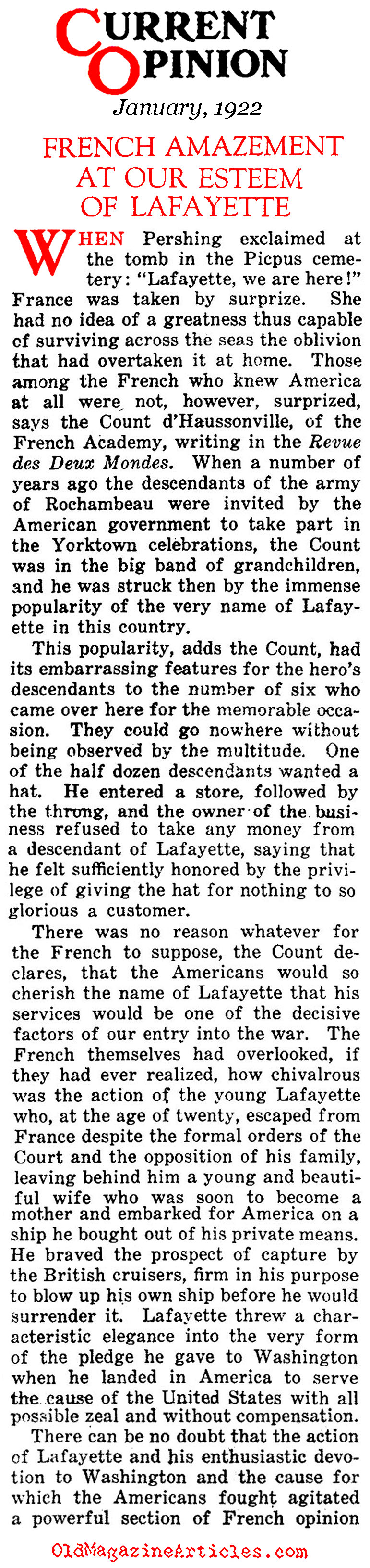 French Amazement at American Esteem of Lafayette (Current Opinion Magazine, 1922)