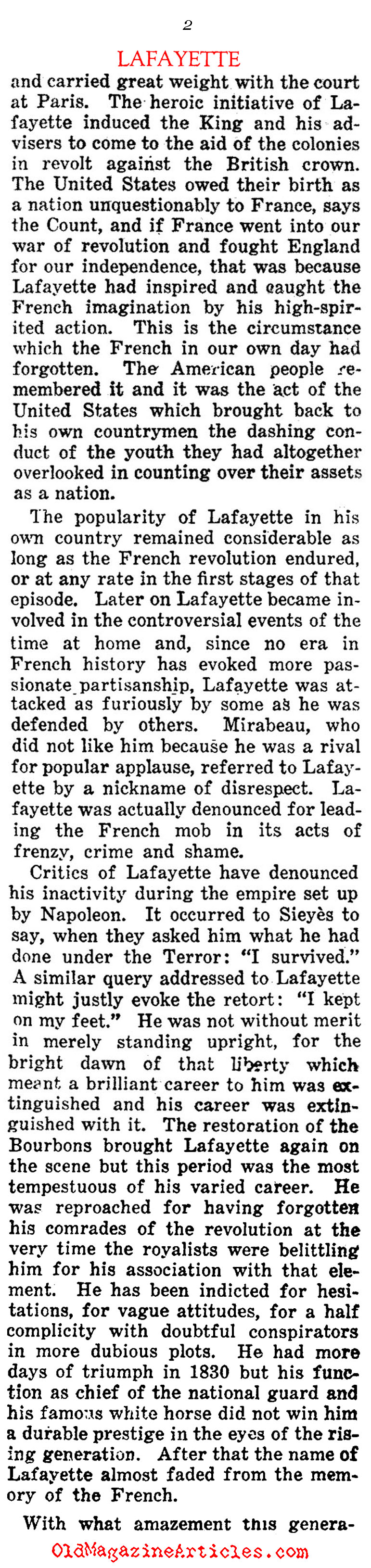 French Amazement at American Esteem of Lafayette (Current Opinion Magazine, 1922)