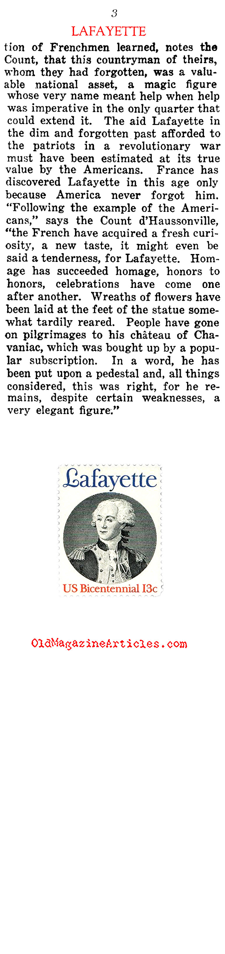 French Amazement at American Esteem of Lafayette (Current Opinion Magazine, 1922)