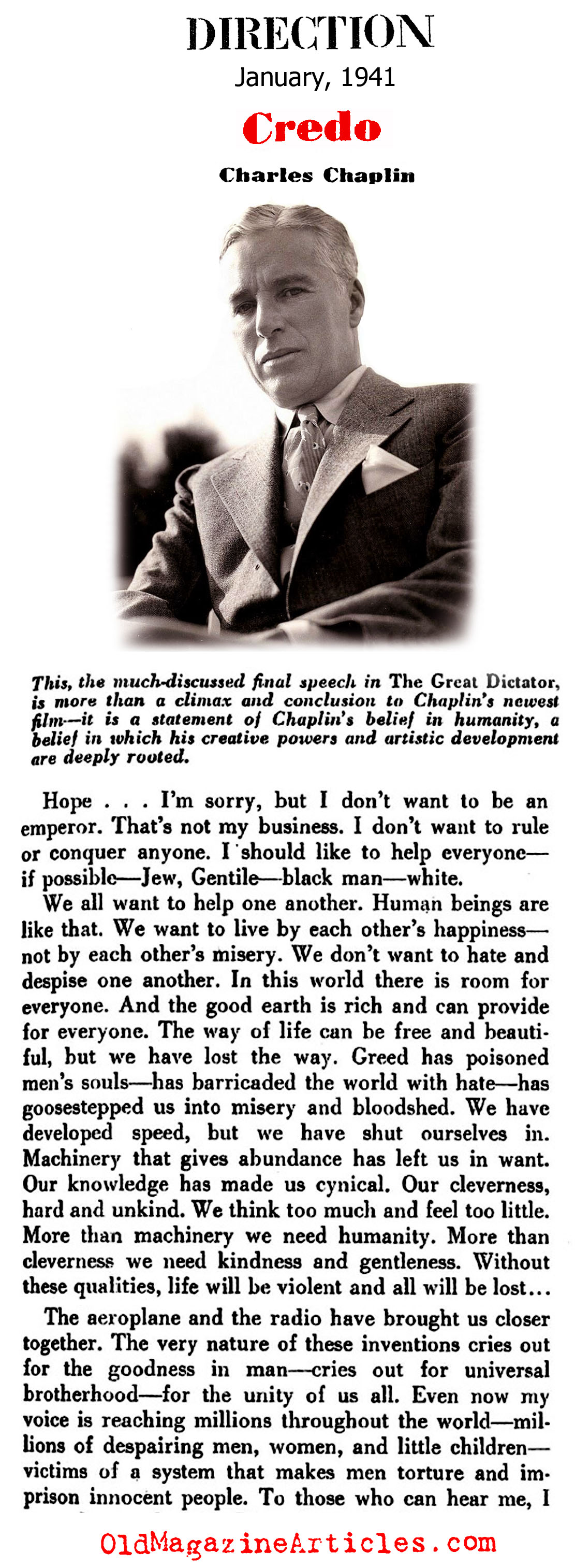 Charlie Chaplin's Credo (Direction Magazine, 1941)
