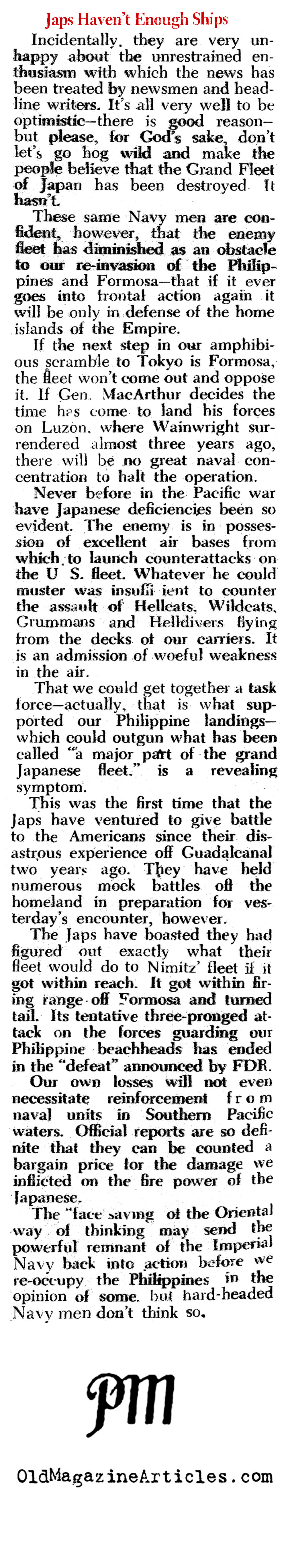 The Japanese Run Out of Ships (PM Tabloid, 1944)