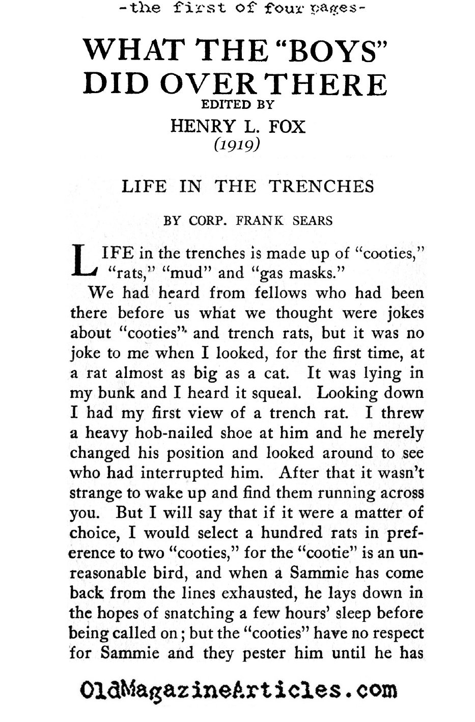 Life in a Trench (What the Boys Did Over There, 1919)