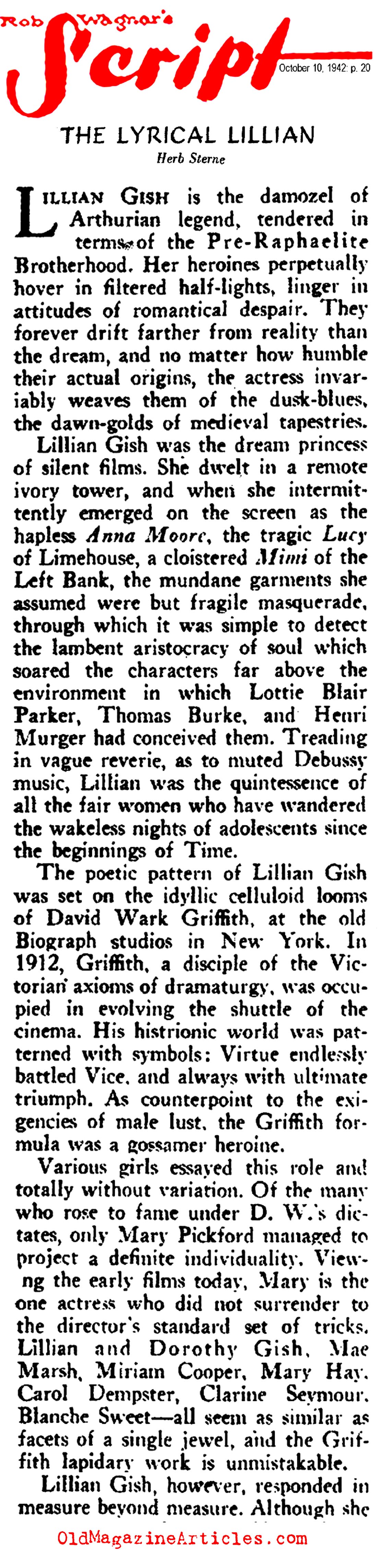 The Career of Lilian Gish<BR> (Rob Wagner's Script Magazine, 1942)