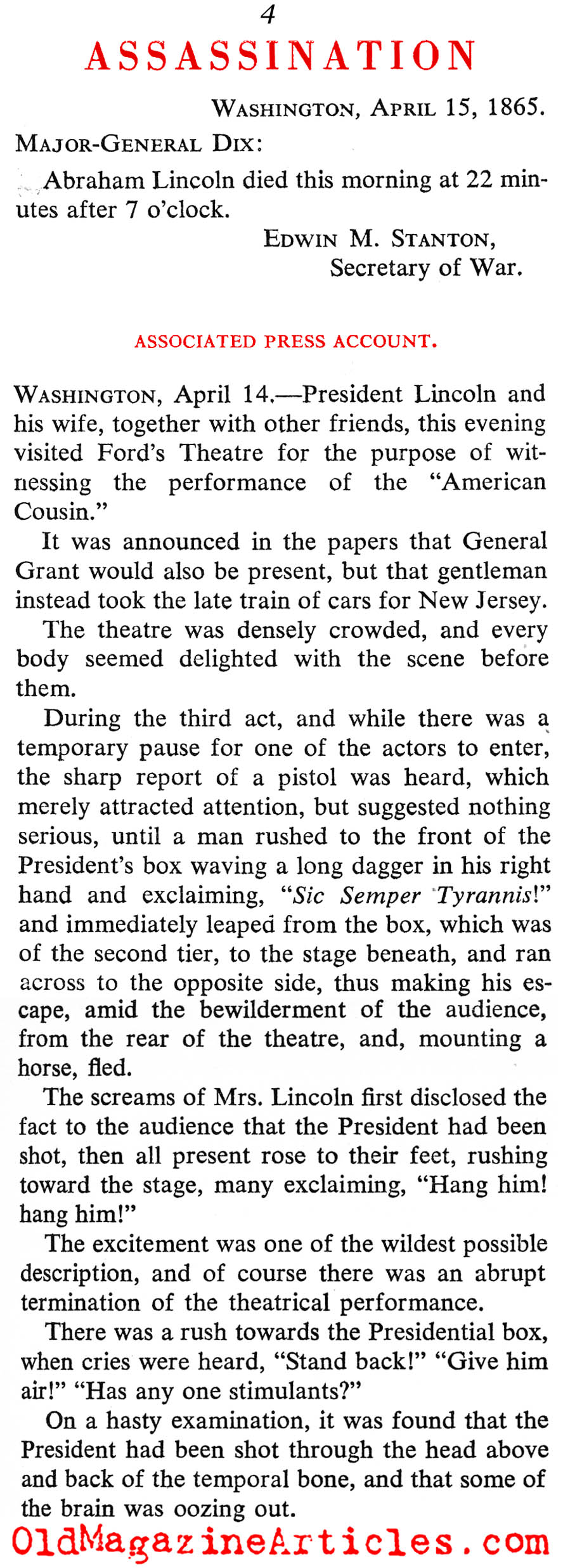 Snapshots of the Assassination (Saturday Evening Post, 1865)