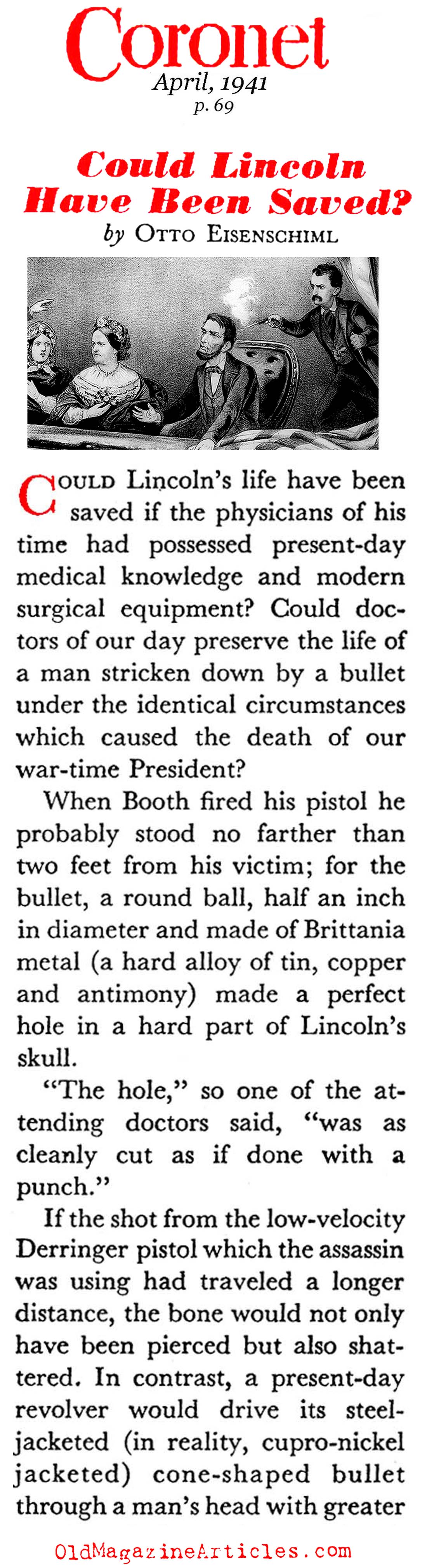 The Dying Lincoln: Could He Have Survived? (Coronet Magazine, 1941)