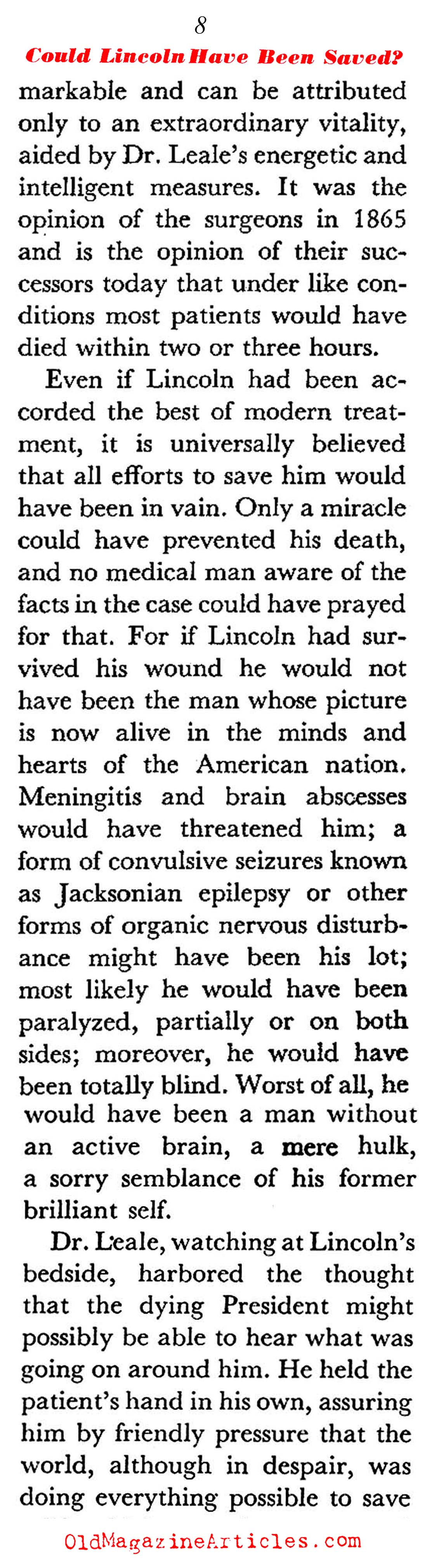 The Dying Lincoln: Could He Have Survived? (Coronet Magazine, 1941)