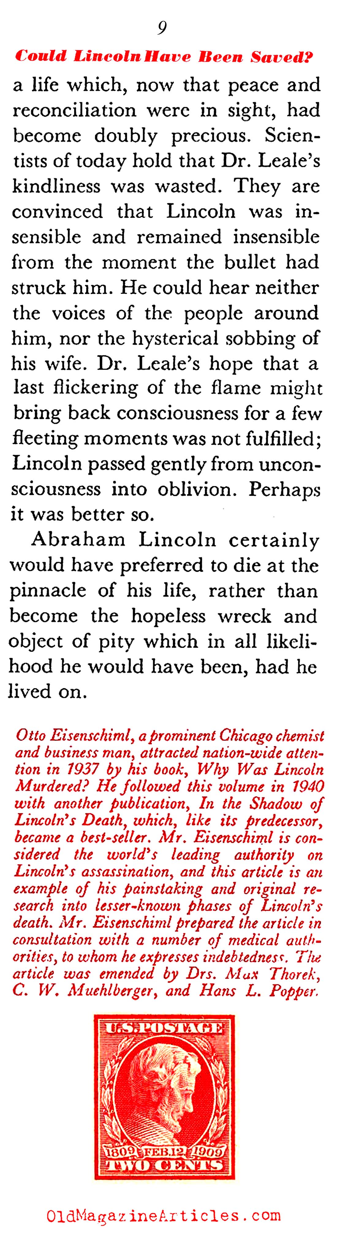 The Dying Lincoln: Could He Have Survived? (Coronet Magazine, 1941)