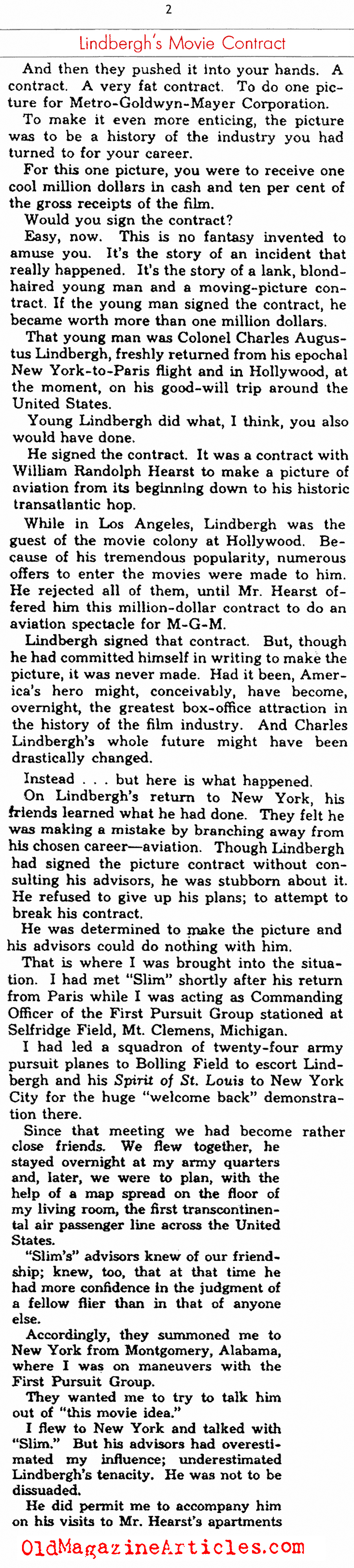 Lindbergh's Movie Contract (Photoplay Magazine, 1939)