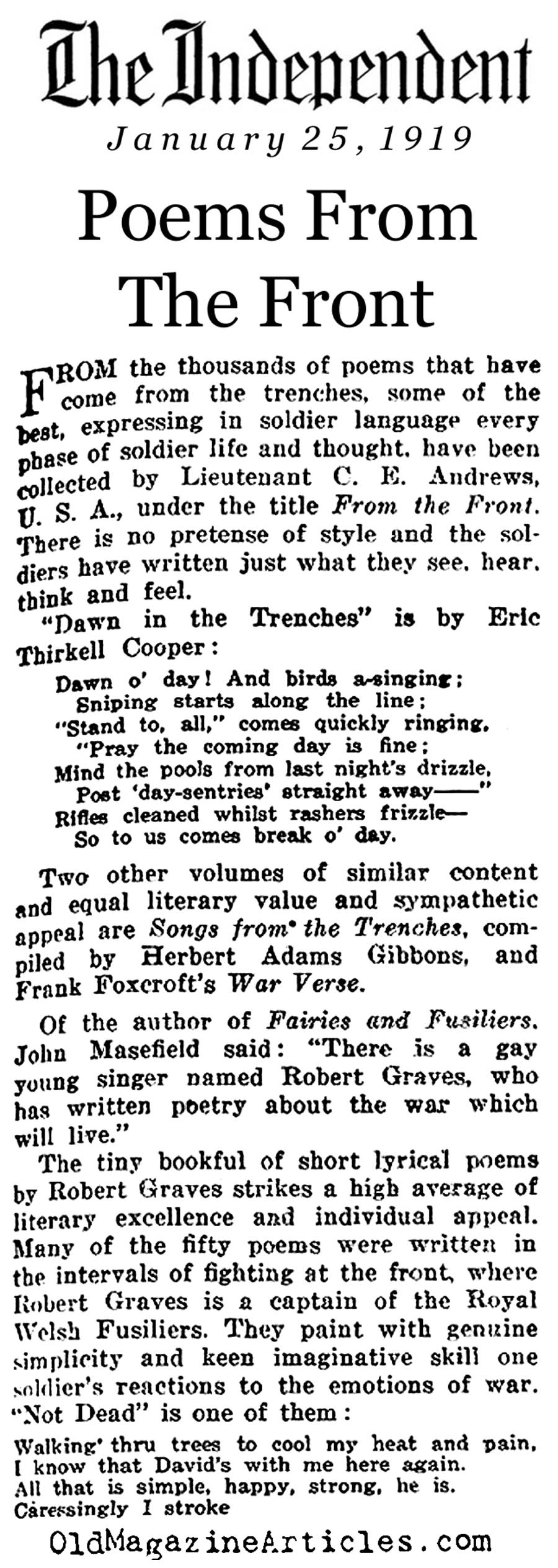 Three Collections of War Poetry Reviewed (The Independent, 1919)