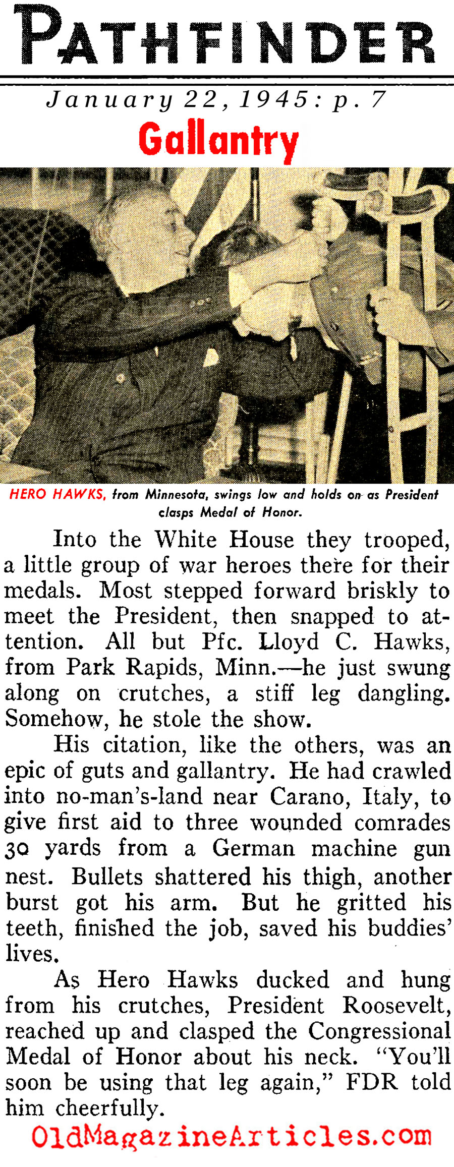 Medal of Honor for Pvt. Lloyd C. Hawks (Pathfinder Magazine, 1945)