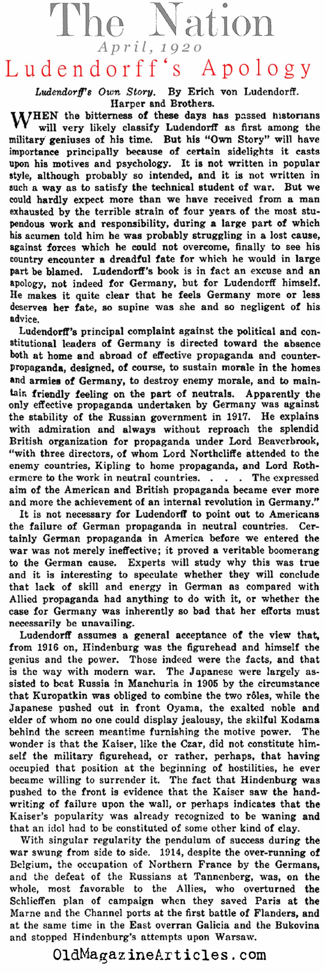 Ludendorff's Apology (The Nation, 1920)