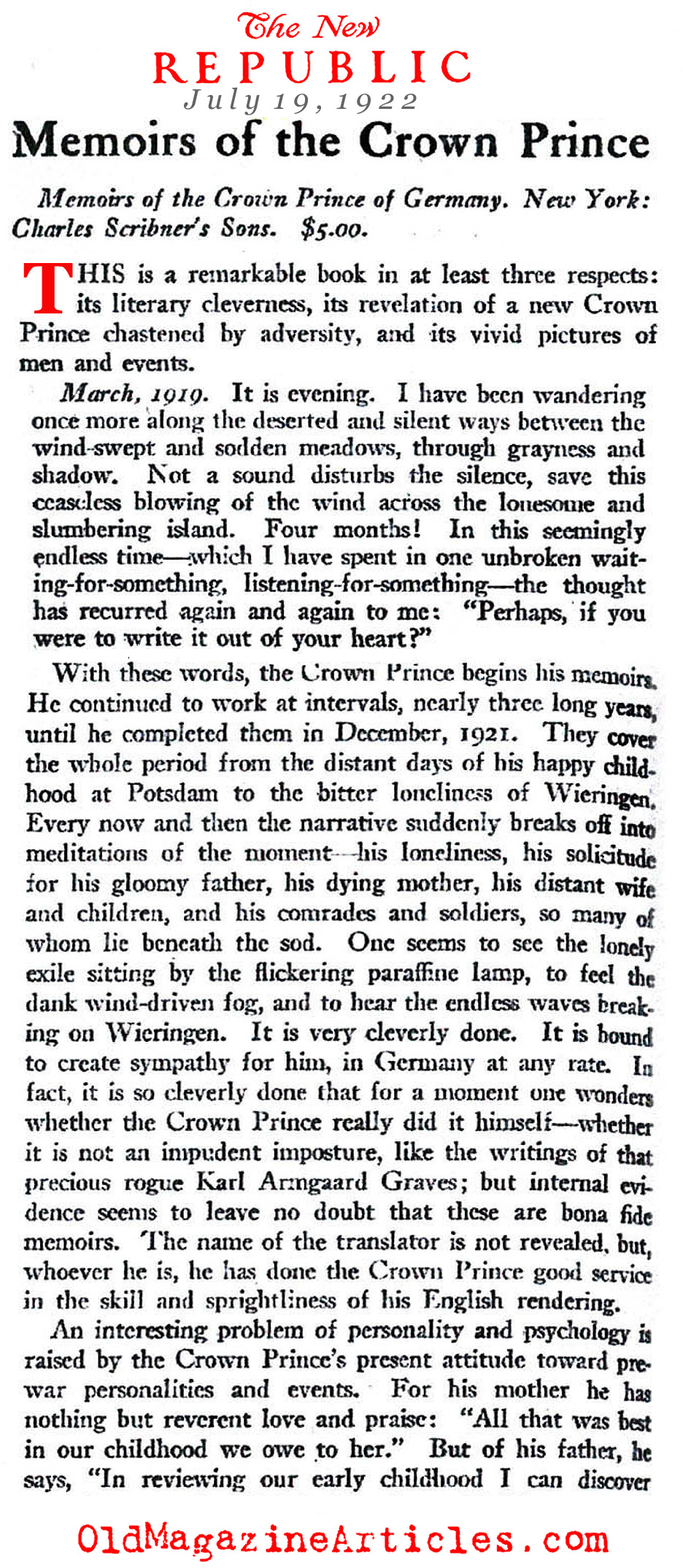 A Review of the Memoir by the Crown Prince (The New Republic, 1922)