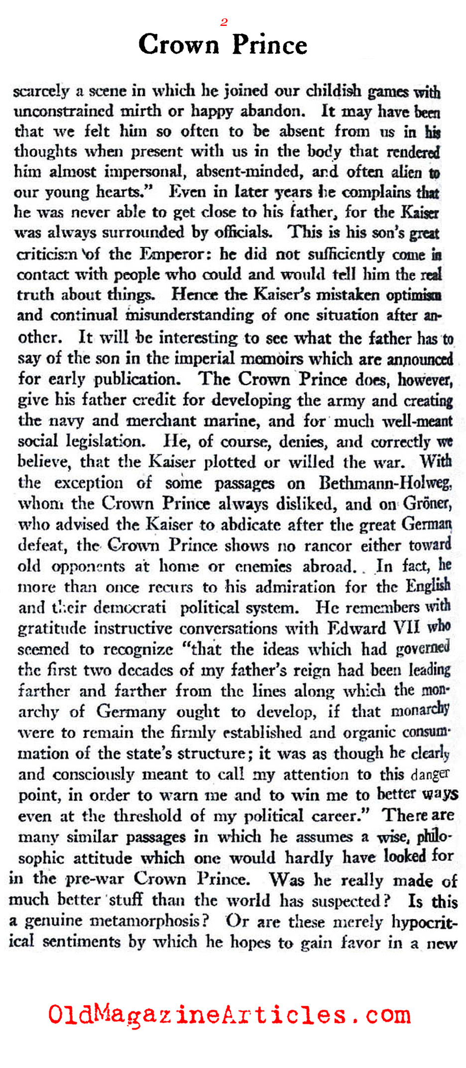 A Review of the Memoir by the Crown Prince (The New Republic, 1922)