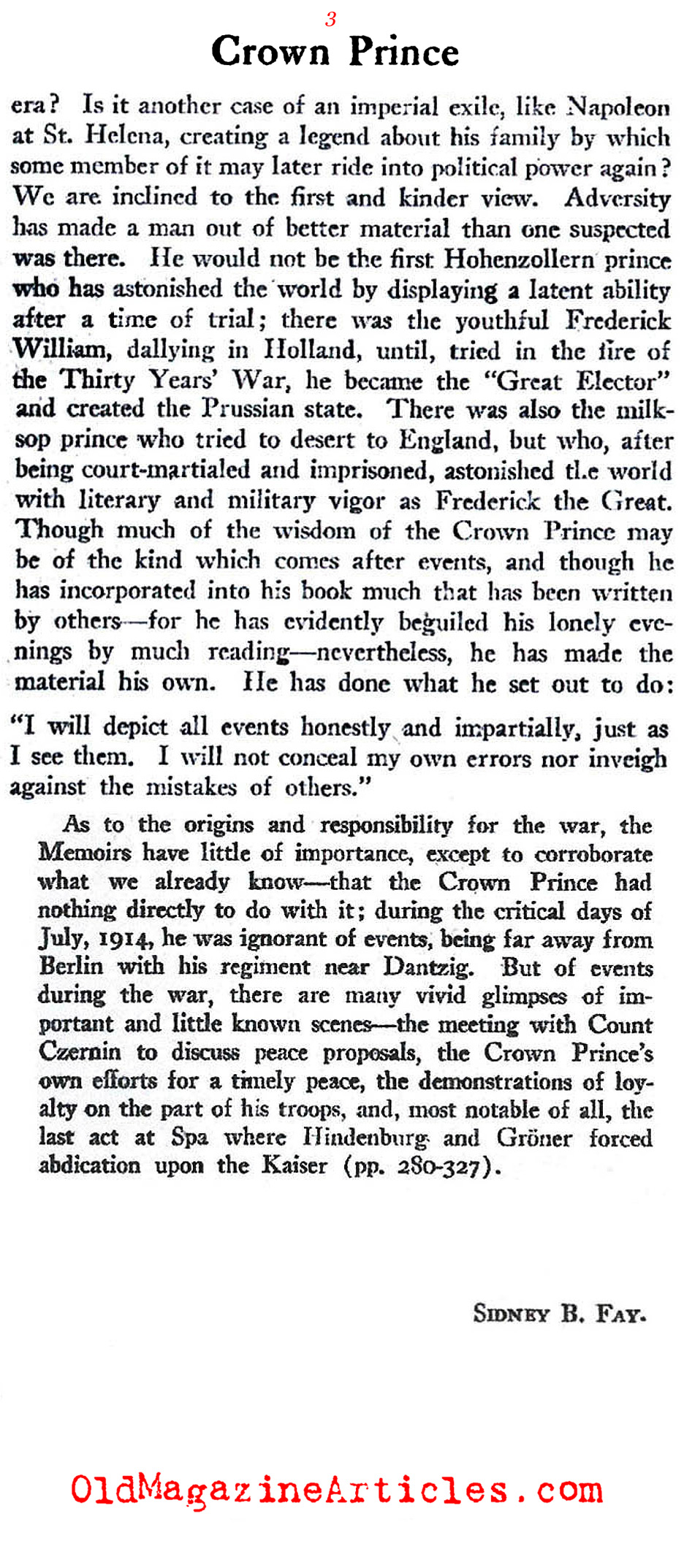 A Review of the Memoir by the Crown Prince (The New Republic, 1922)