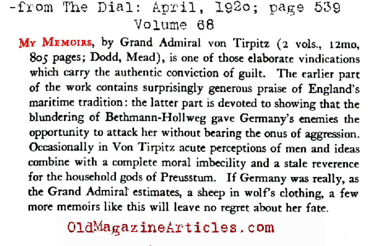 A Review of Grand Admiral Von Tirpitz Memoir (The Dial Magazine, 1920)