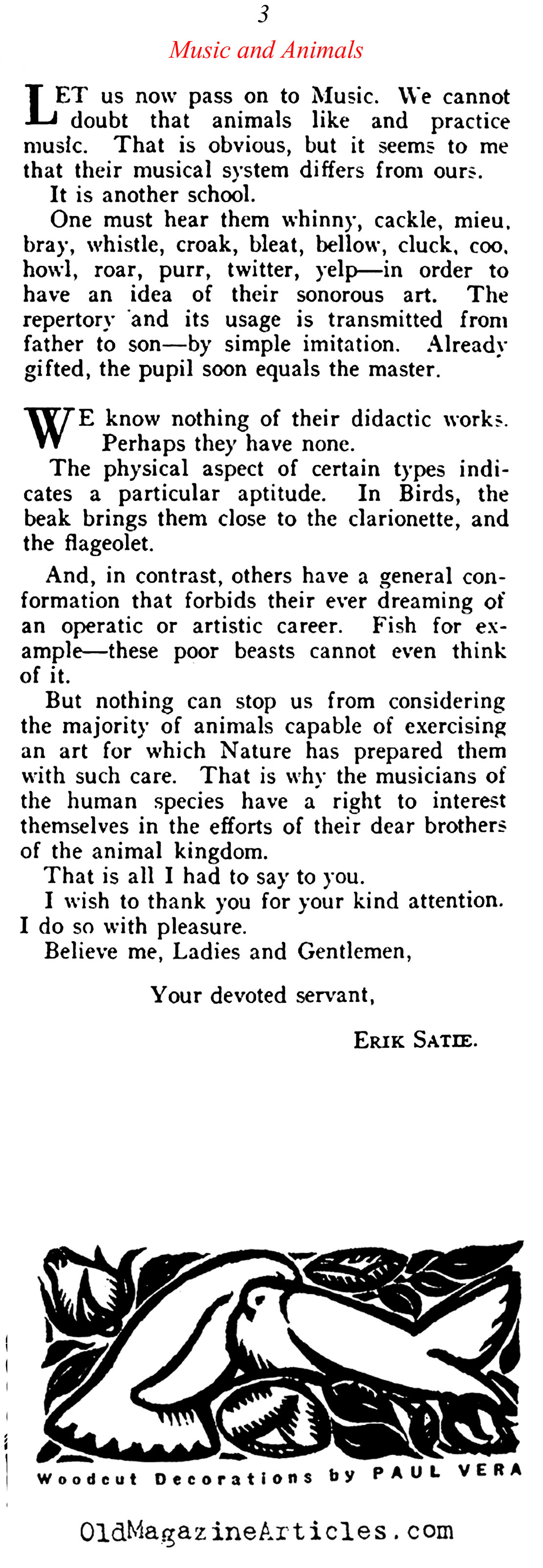 Humorous Writing by Erik Satie (Vanity Fair, 1922)