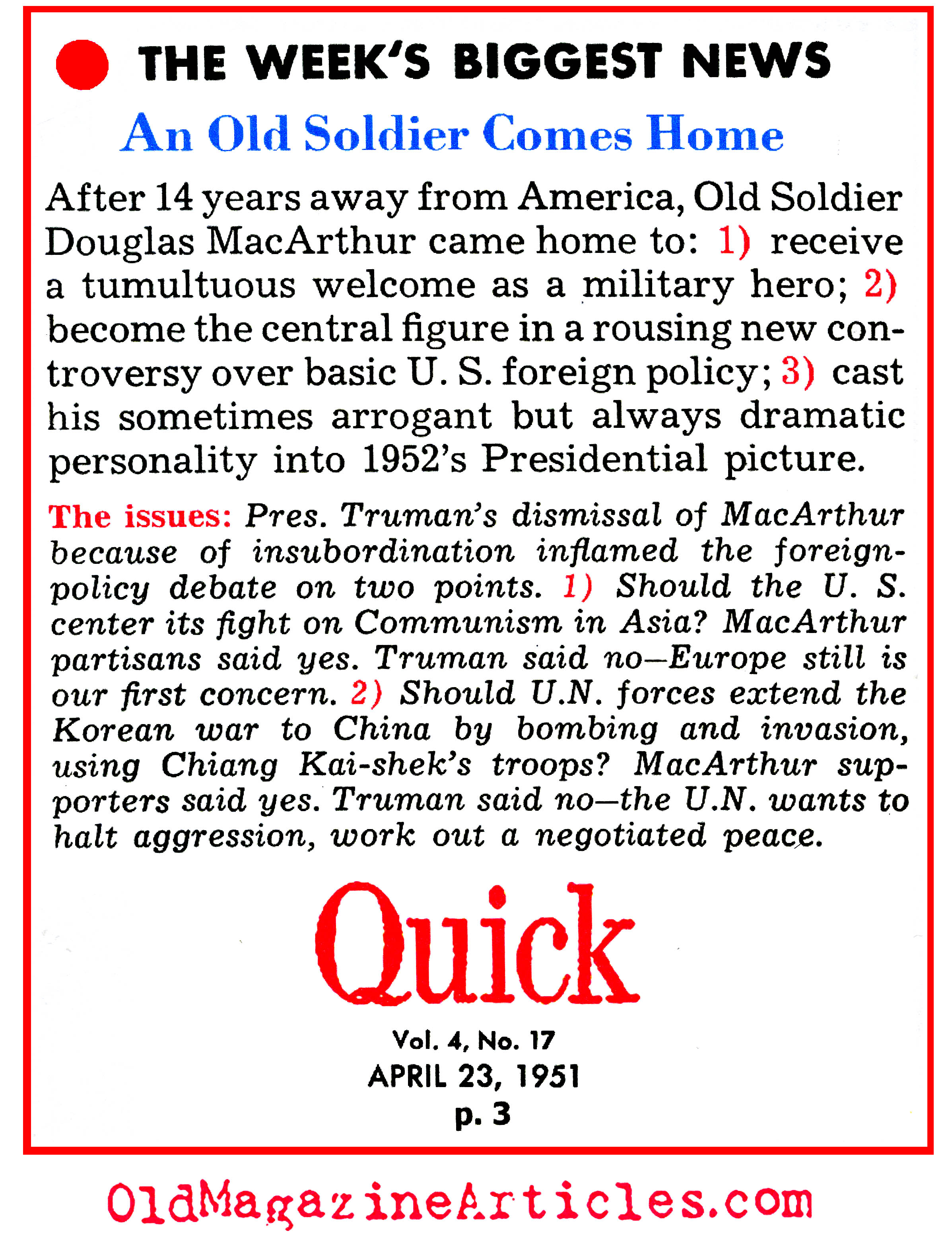 When Truman Fired MacArthur (Quick Magazine, 1951)