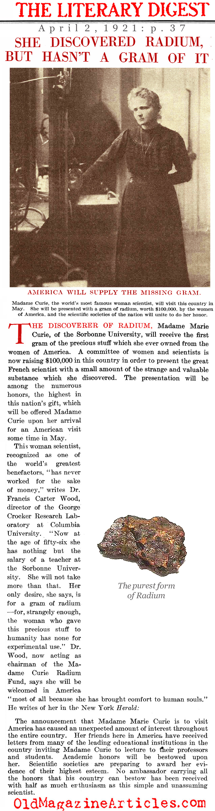It All Began With Madame Curie (Literary Digest, 1921)