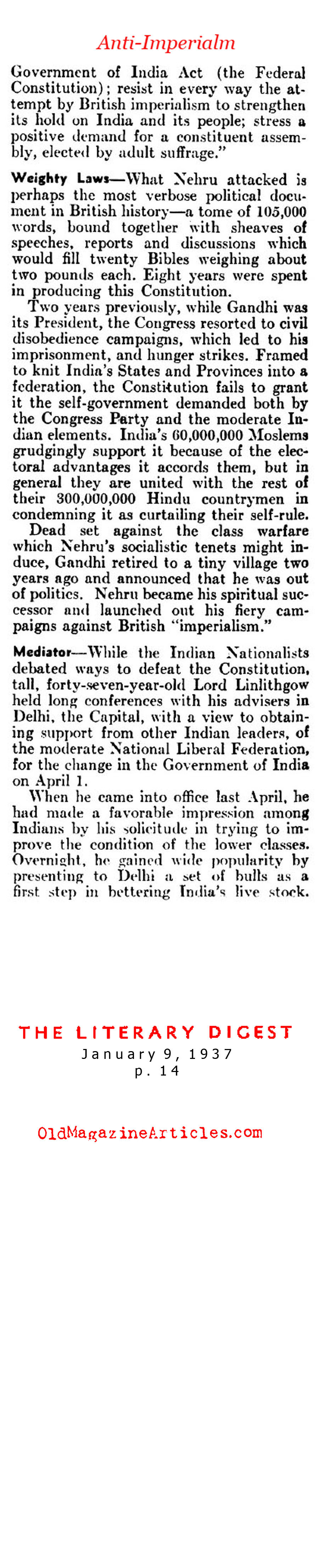 Gandhi's Struggle Against British Imperialism (Literary Digest, 1937)