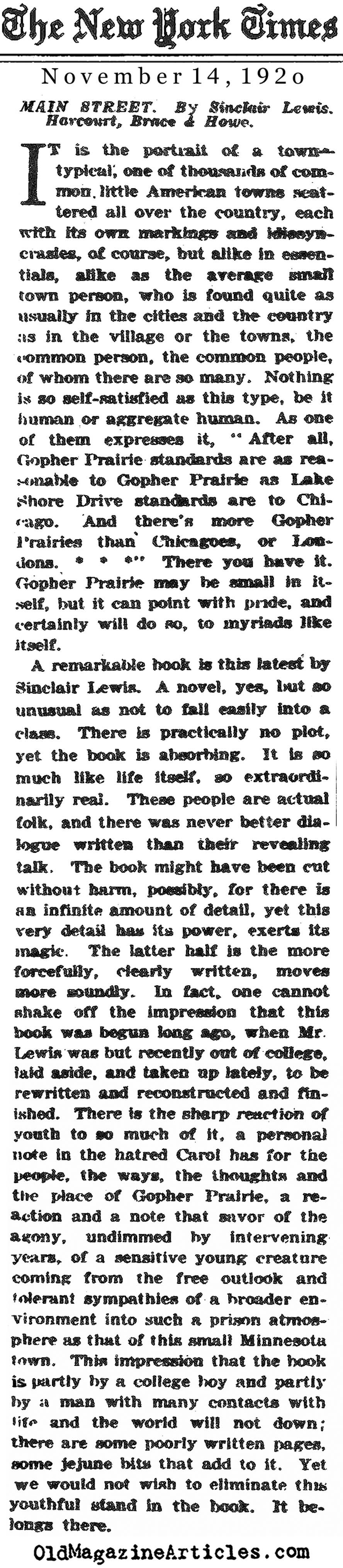 <em>Main Street</em> by Sinclair Lewis (NY Times, 1920)