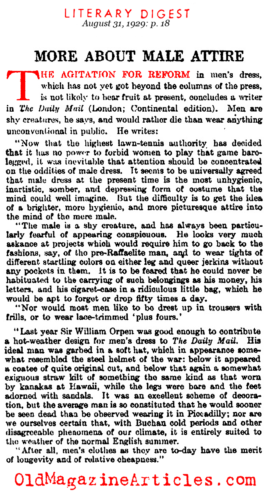 The Dress-Reform Movement and Male Attire (Literary Digest, 1929)