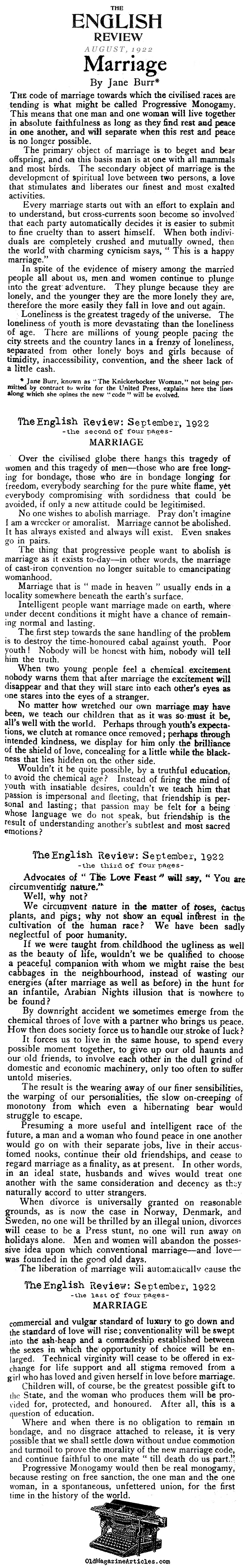 ''Progressive Monogamy'' (The English Review, 1922)