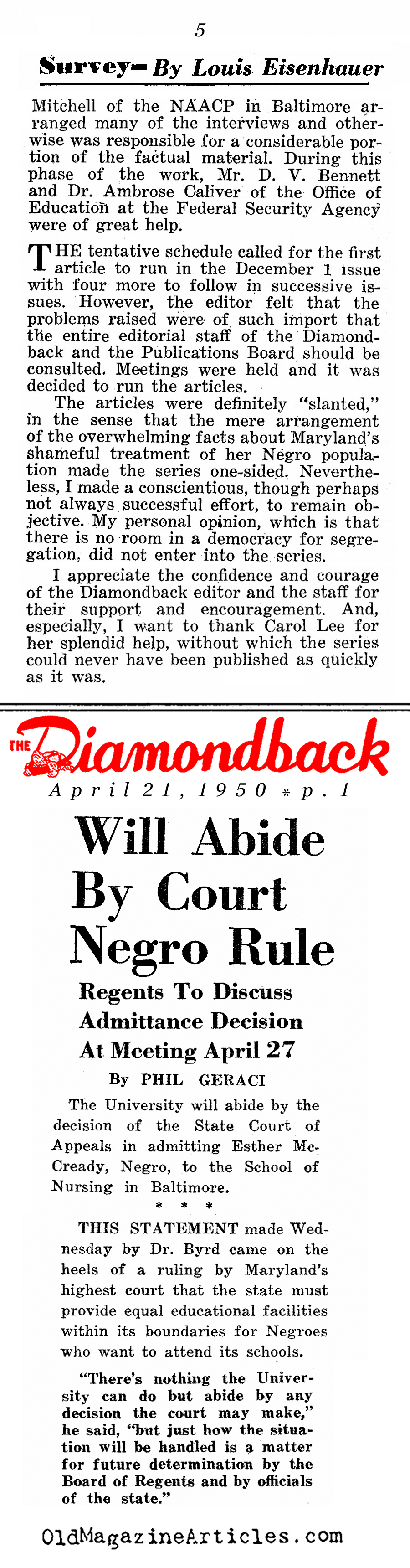 Racism in ''The Old Line State'' (The Diamond Back, 1950)