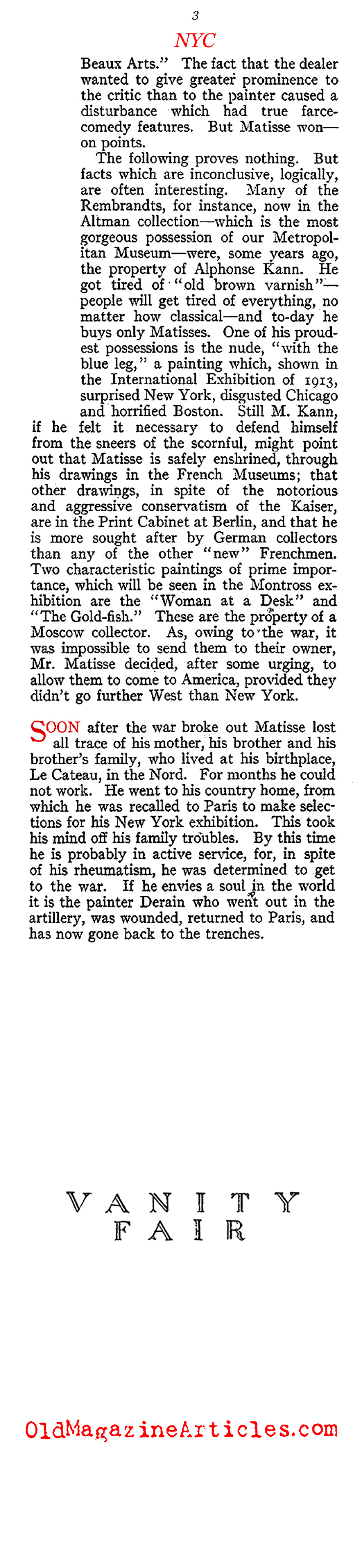 Henri Matisse Viewing in New York  (Vanity Fair, 1915)