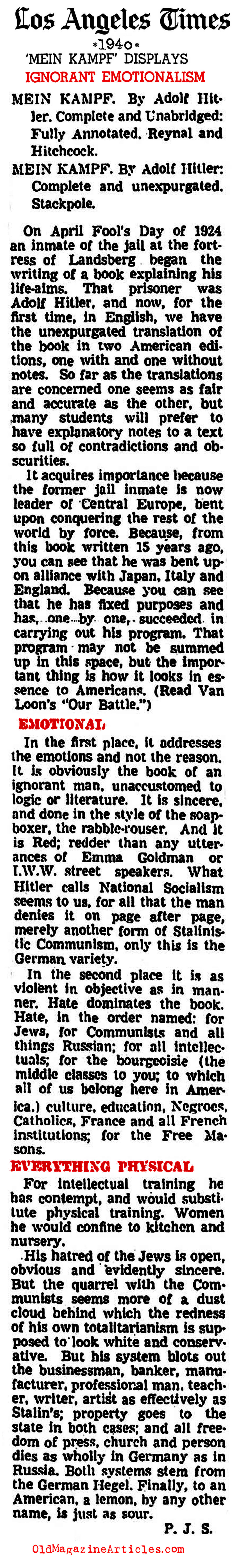 <i>Mein Kampf</i>   Reviewed (L.A. Times, 1940)