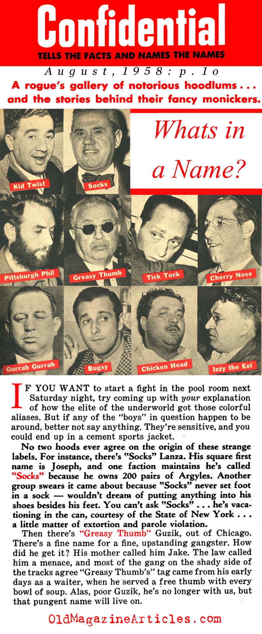 Mobsters and Their Nick-Names (Confidential Magazine, 1958)