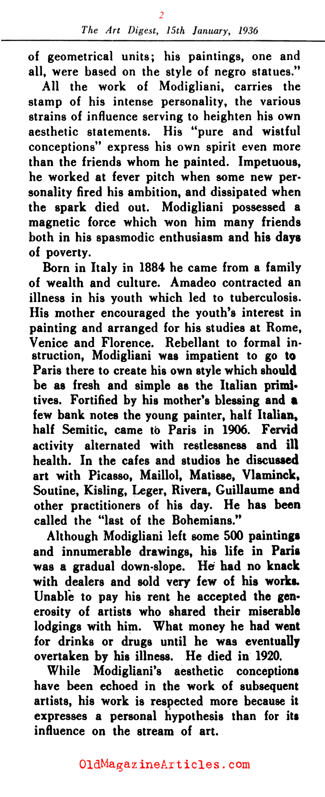 Modigliani: Appreciated at Last (Art Digest, 1936)