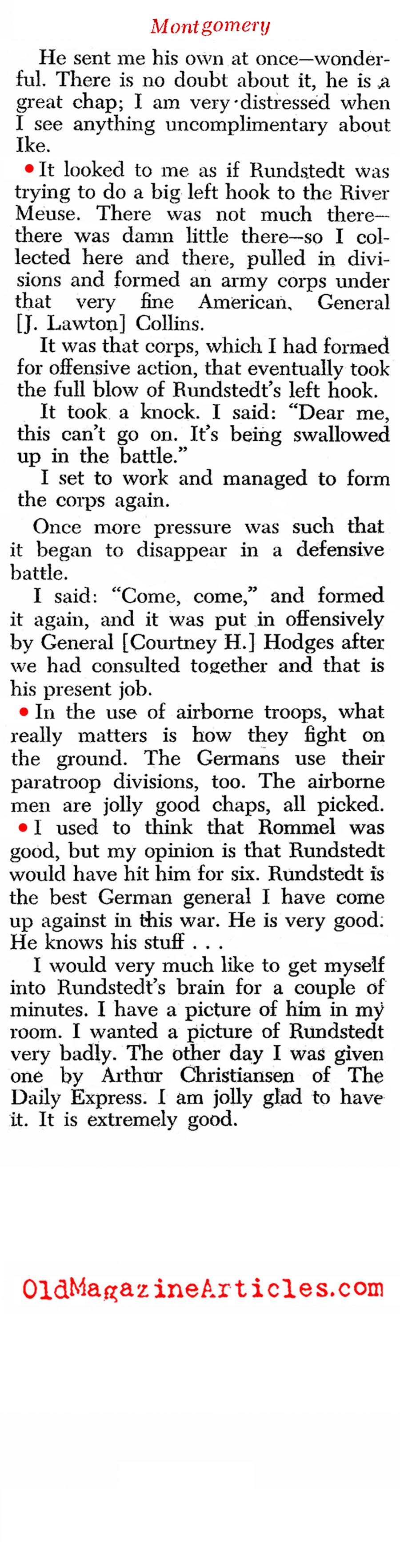 Kind Words from Field Marshall Montgomery (Newsweek Magazine, 1945)