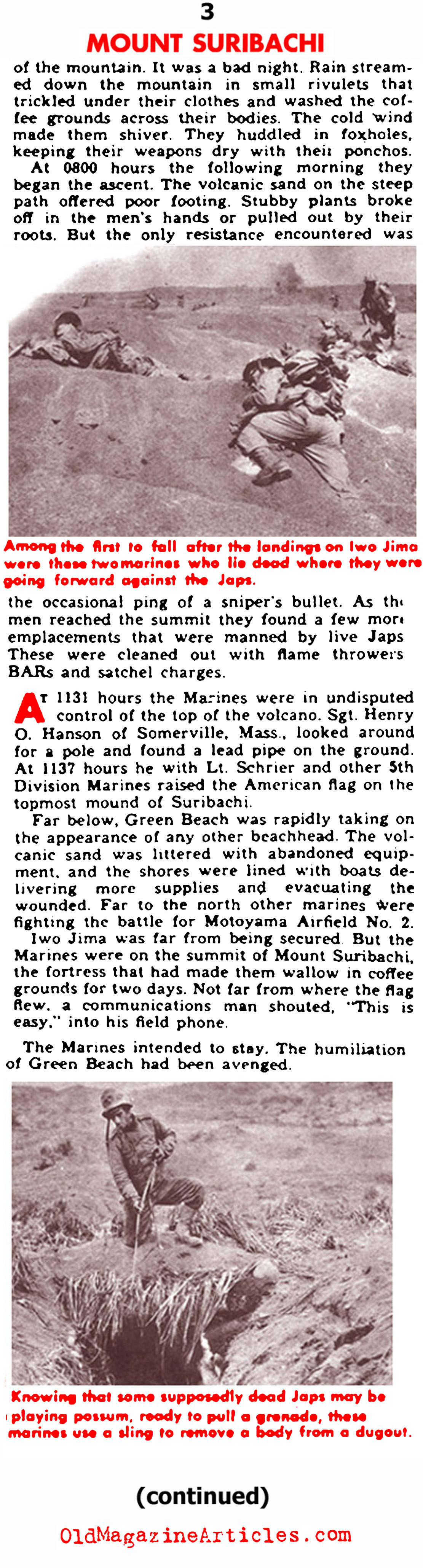 The Battle of Iwo Jima and the First Flag Raising on Mount Suribachi (Yank Magazine, 1945)