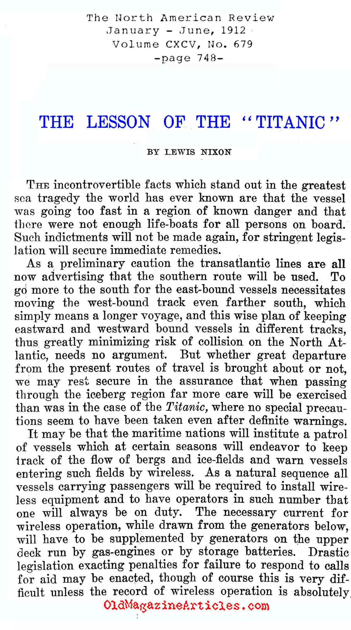 <em>Titanic</em> Didn't Have to Sink  (The North American Review, 1912)