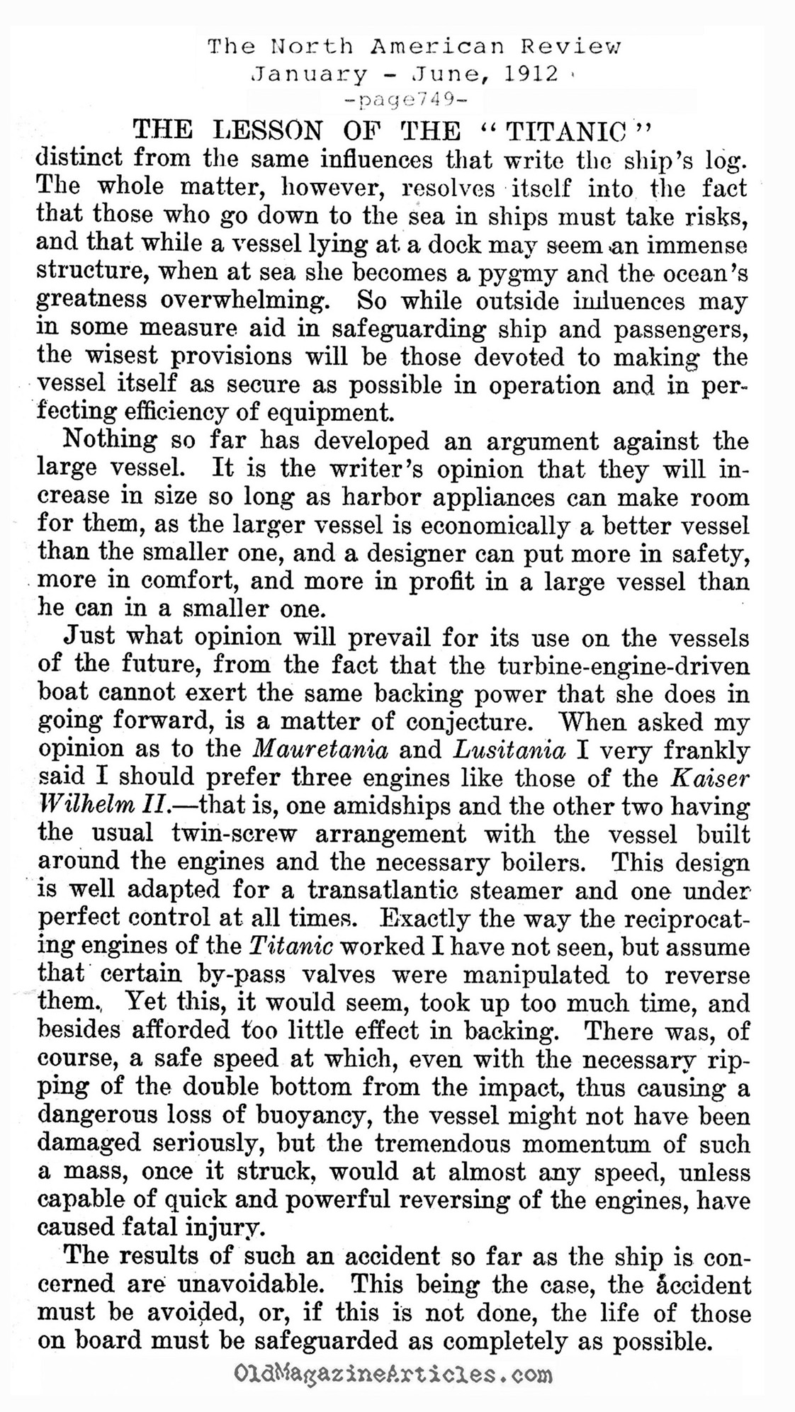 <em>Titanic</em> Didn't Have to Sink  (The North American Review, 1912)