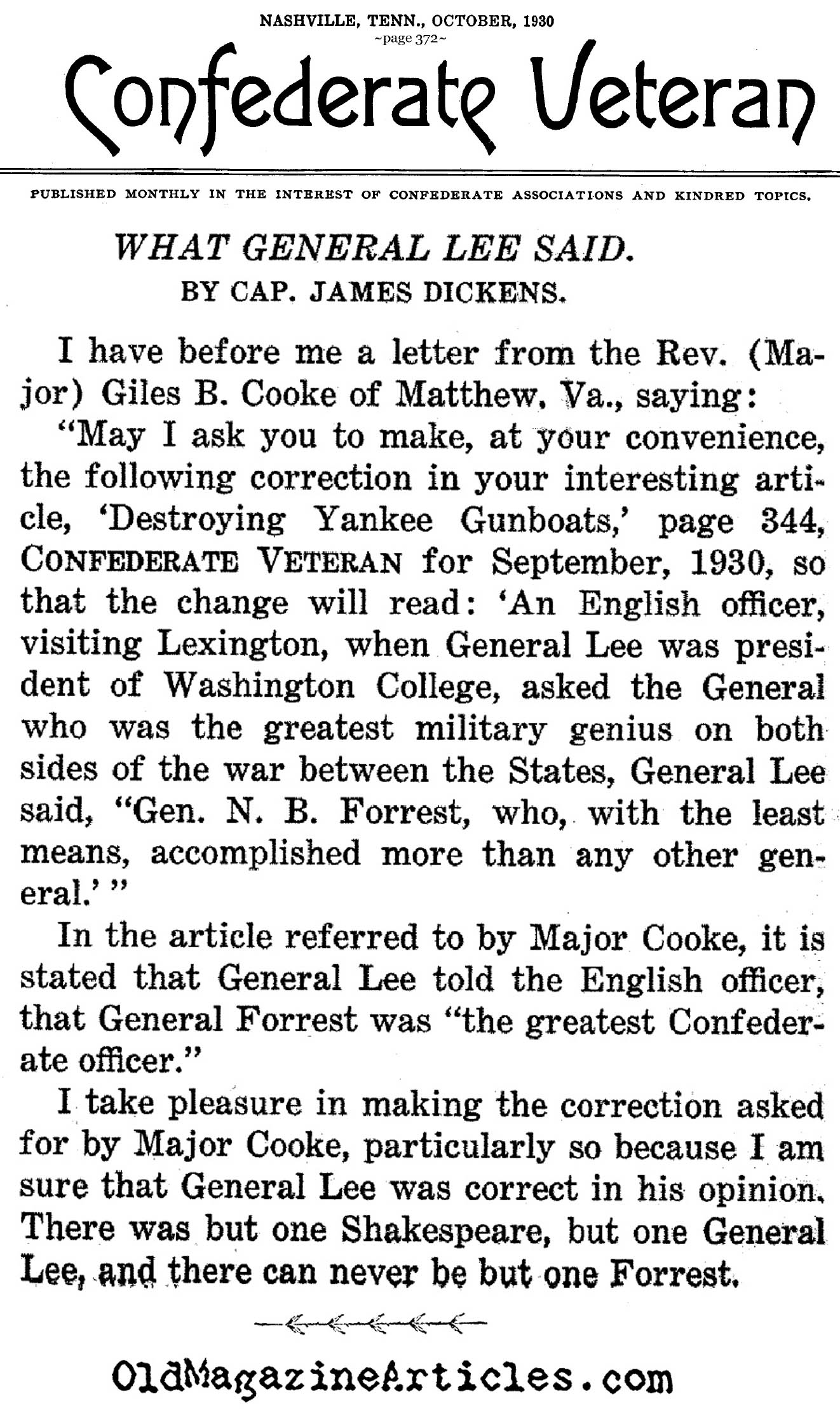 Robert E. Lee's Favorite General (Confederate Veteran Magazine, 1930)