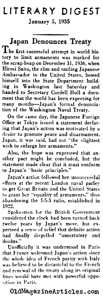 Japan Rejects the Washington Naval Treaty (Literary Digest, 1935)