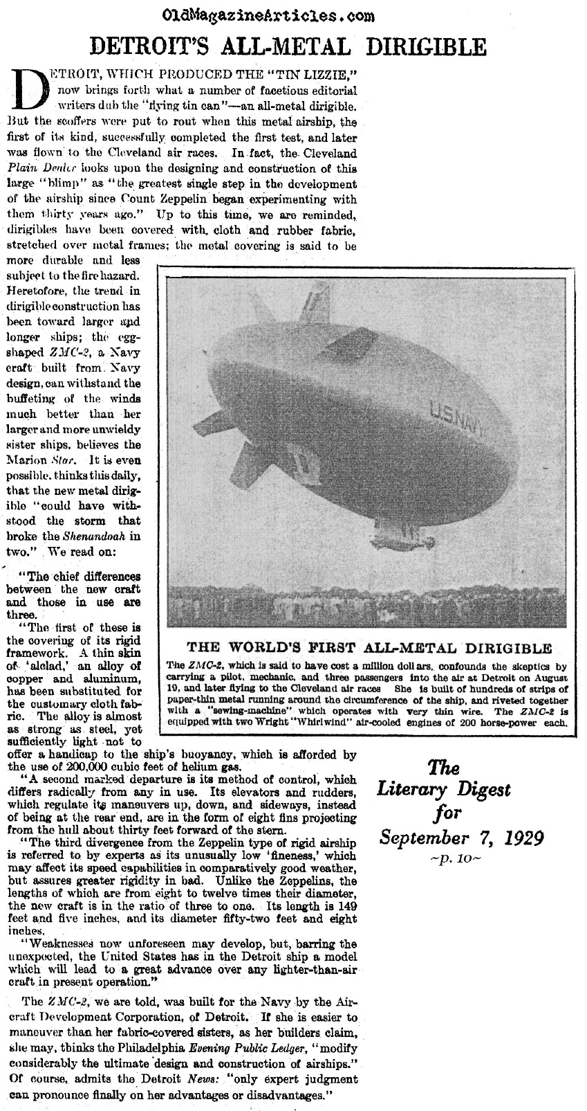 ZMC-2: The First All Metal Airship (Literary Digest, 1929)