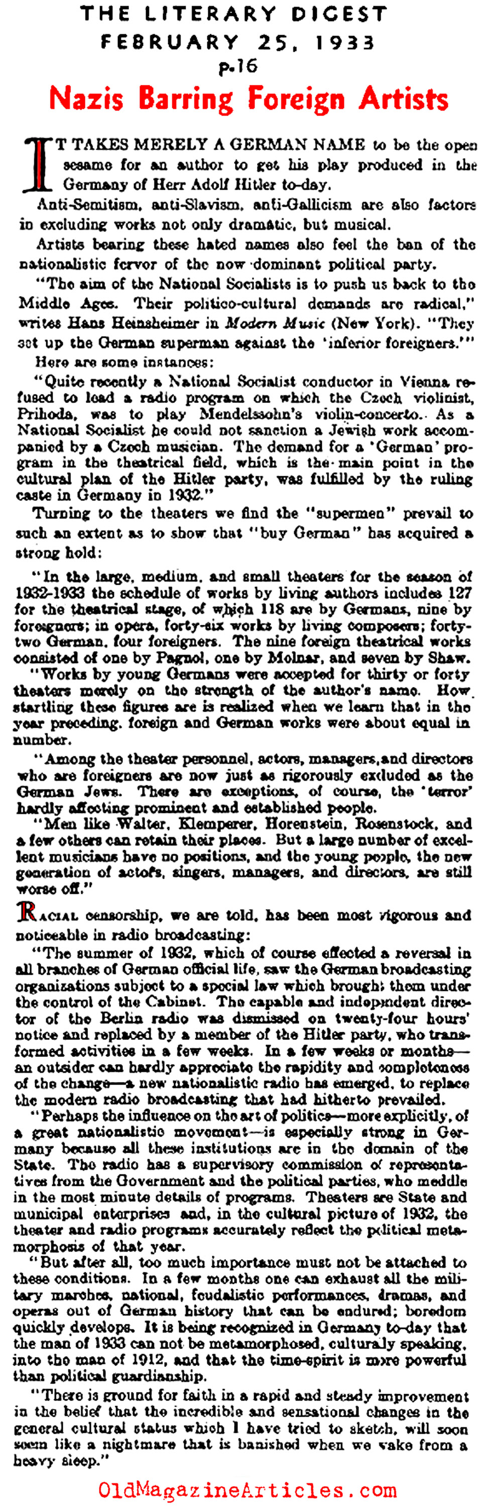 Foreign Artists Barred from Germany (Literary Digest, 1933)