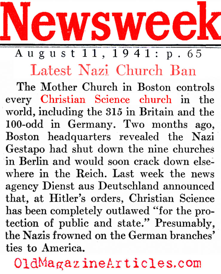 Christian Science Churches Closed (Newsweek Magazine, 1941)