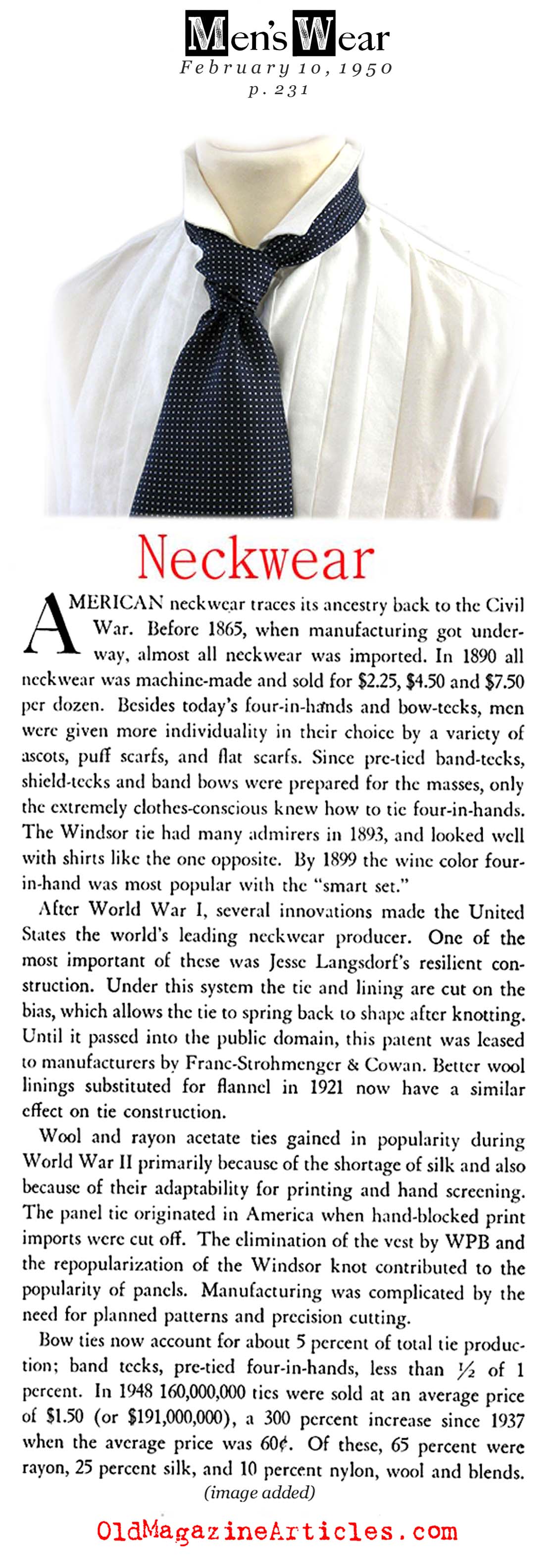 History of the Necktie in America  (Men's Wear, 1950)