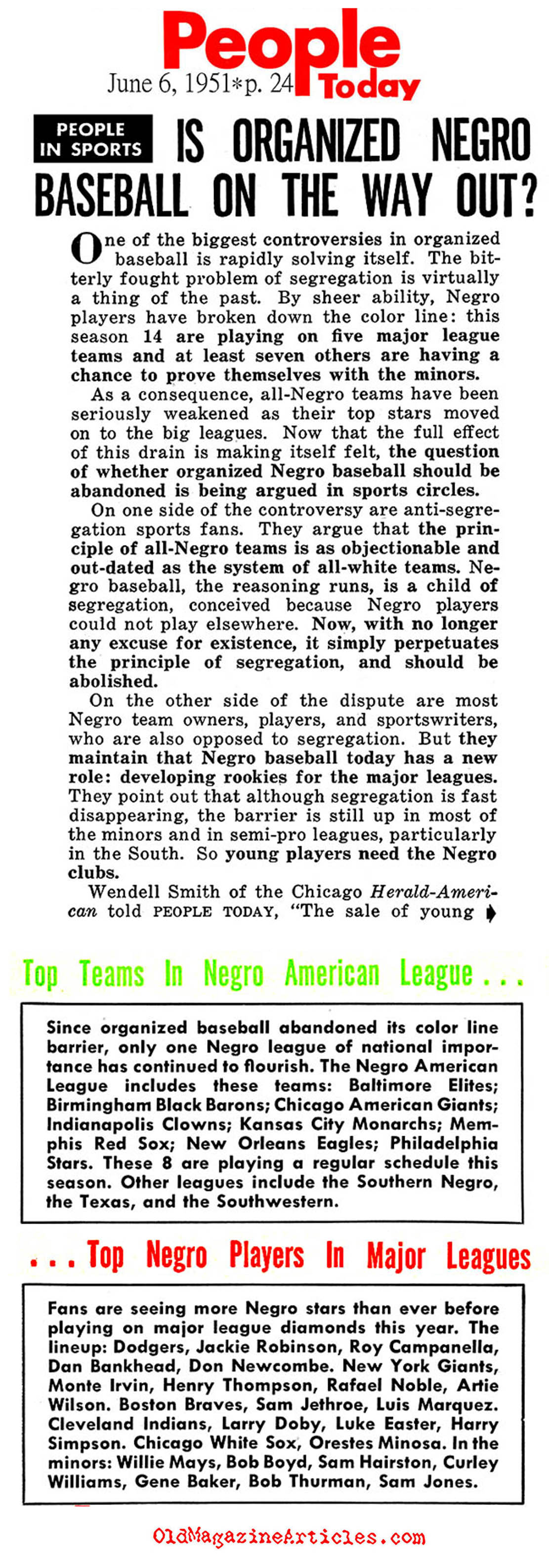 The Twilight of Segregated Baseball...(People Today Magazine, 1951)