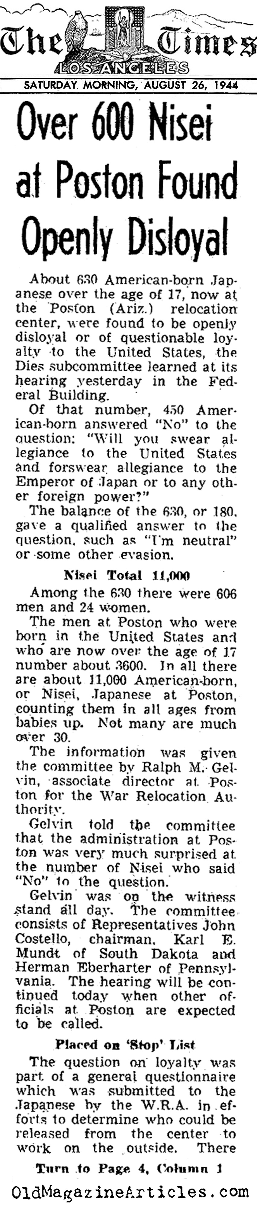 600 Nisei Judged Disloyal (L.A. Times, 1944)