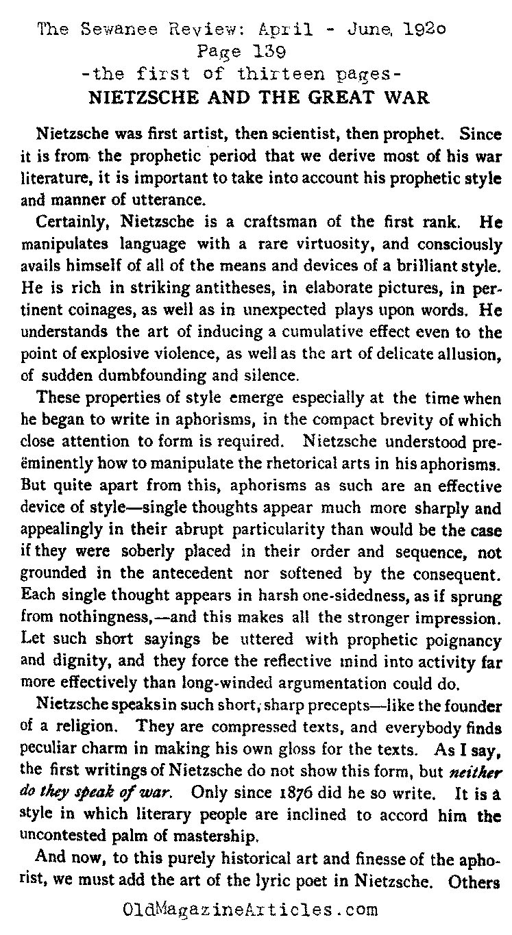 Nietzsche and World War One (Sewanee Review, 1920)