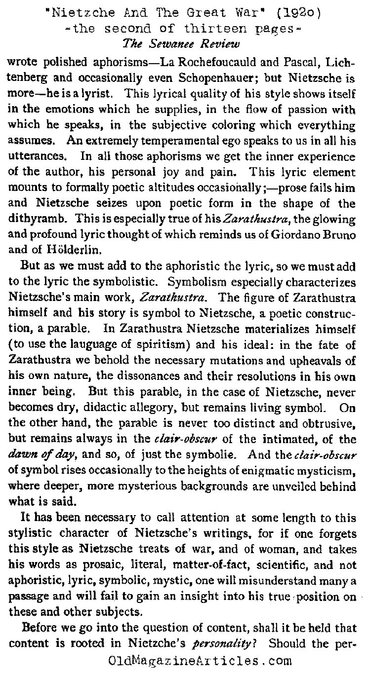 Nietzsche and World War One (Sewanee Review, 1920)