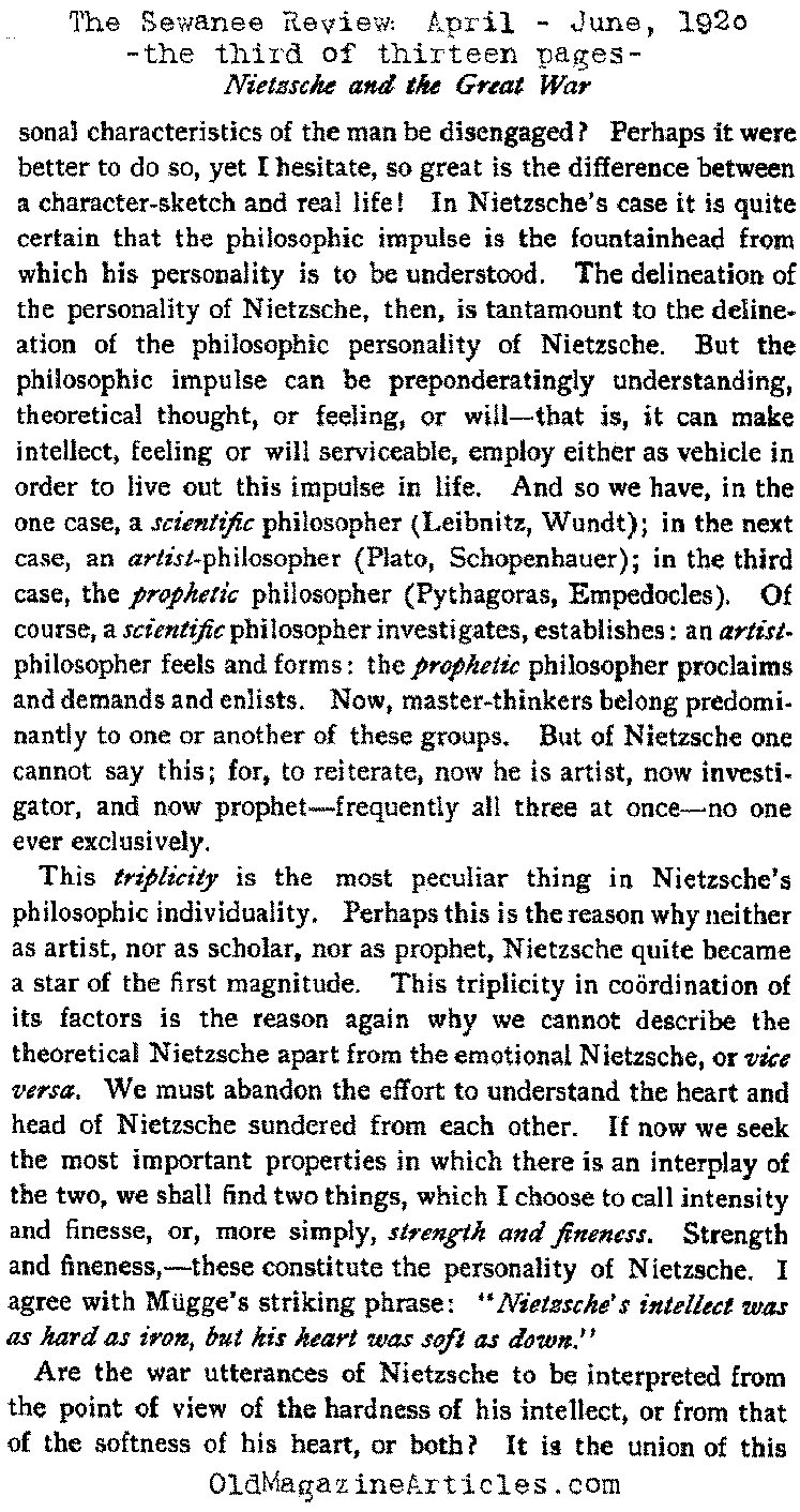 Nietzsche and World War One (Sewanee Review, 1920)