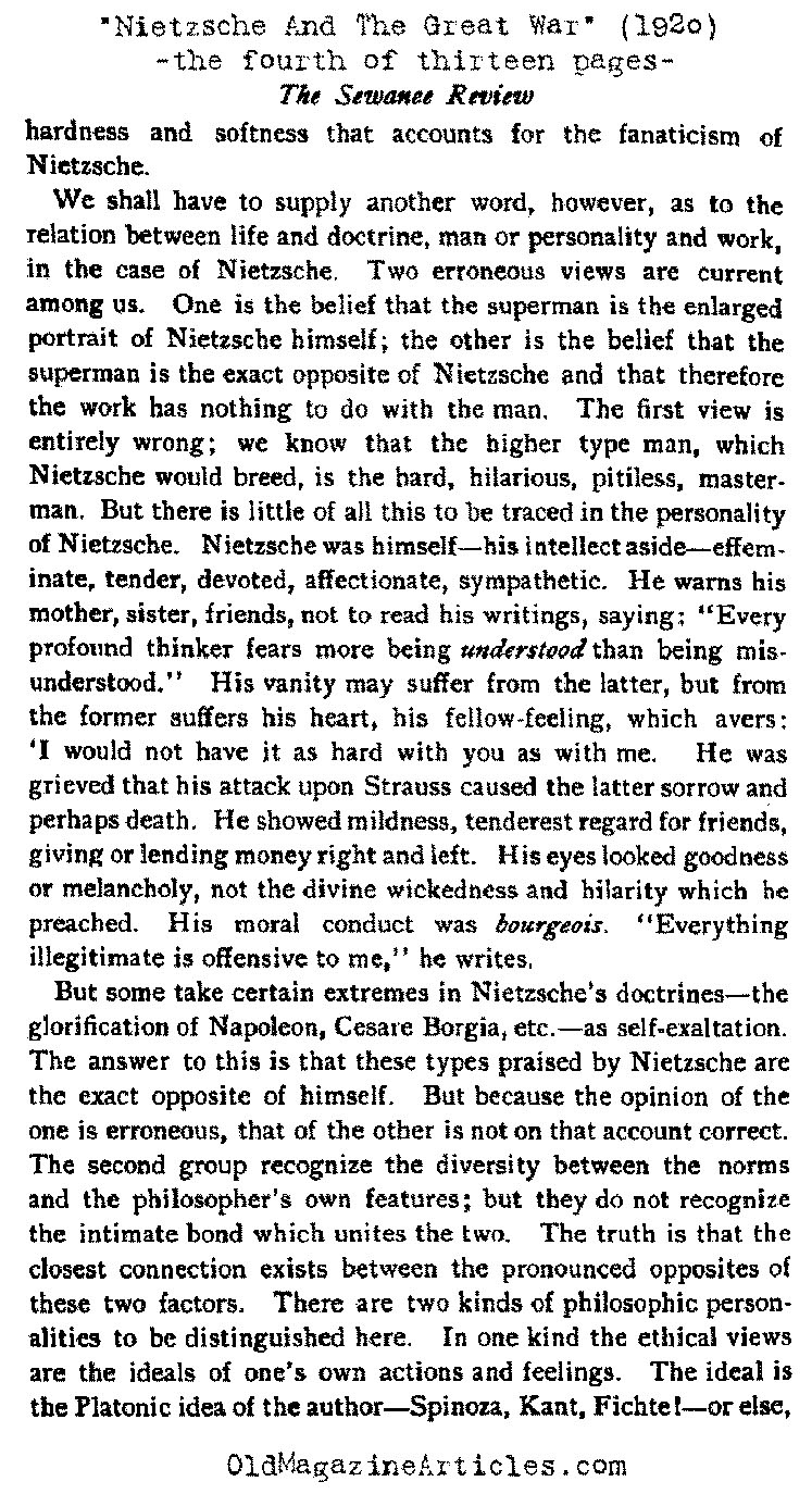 Nietzsche and World War One (Sewanee Review, 1920)