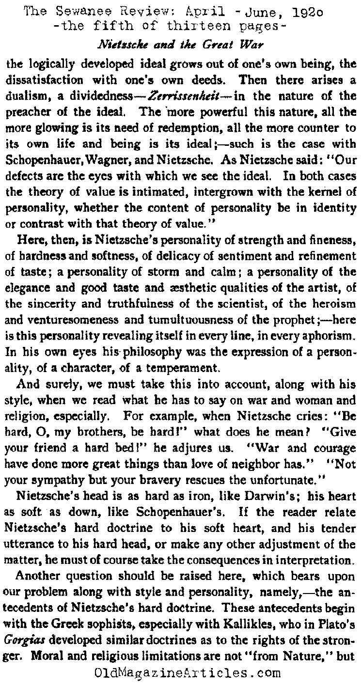 Nietzsche and World War One (Sewanee Review, 1920)